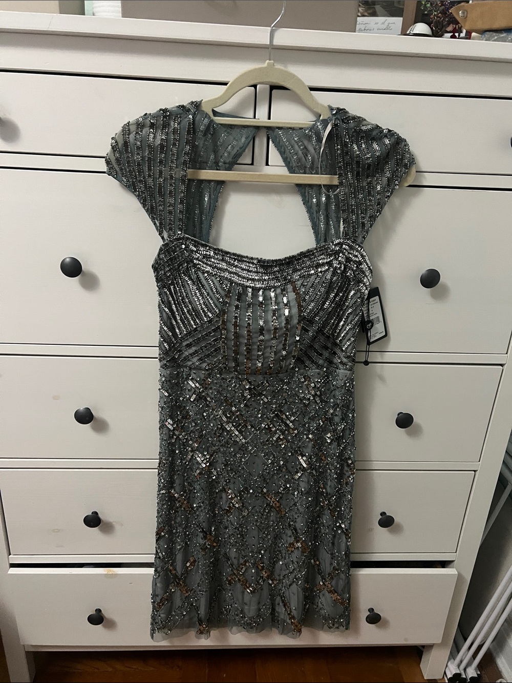 Adrianna Papell Silver Beaded Cap-Sleeve Cocktail Dress
